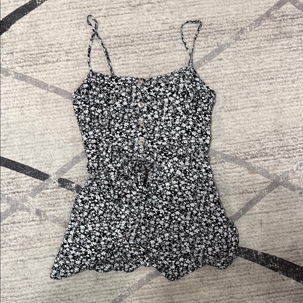 Floral Black and White Spaghetti Strap Romper with tie front